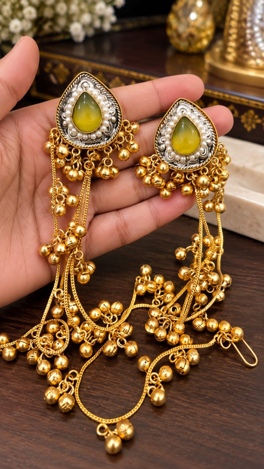 Royal Green Stone Long Jhumka Earrings with Pearl & Golden Ghungroo
