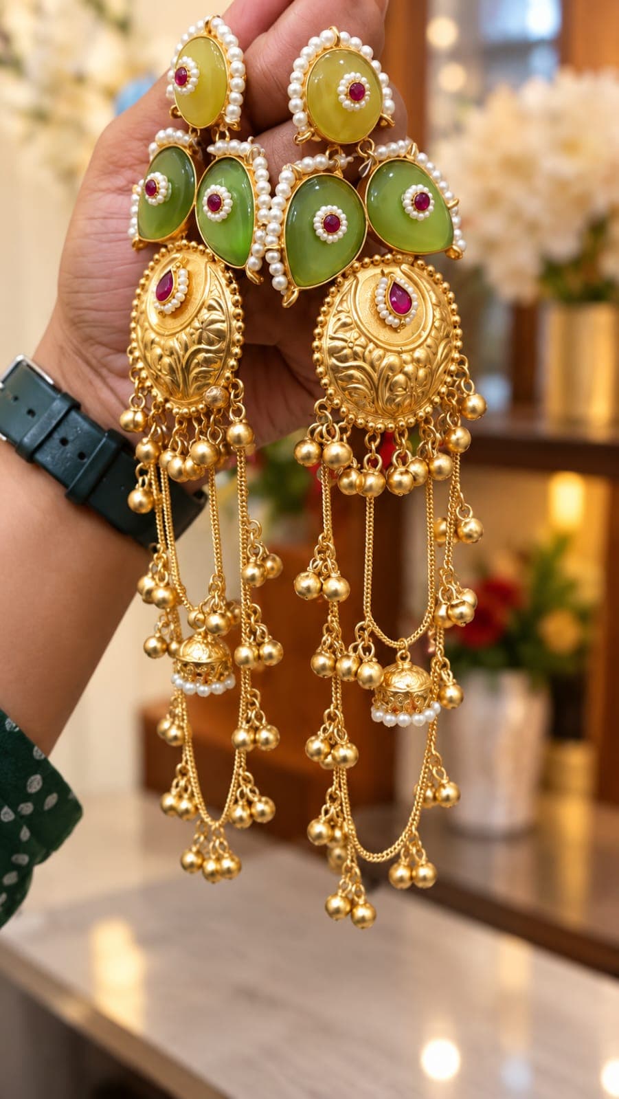 Royal Green Kundan Long Jhumka Earrings