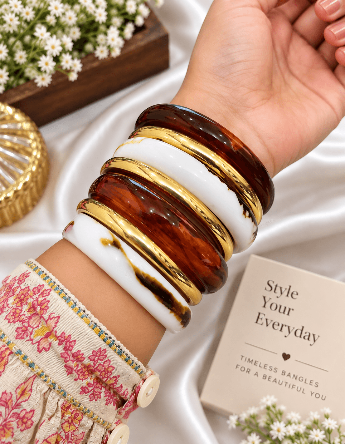 Women’s Trendy Multicolor Enamel Gold-Tone Bangle Set – Brown & White Designer Bangles