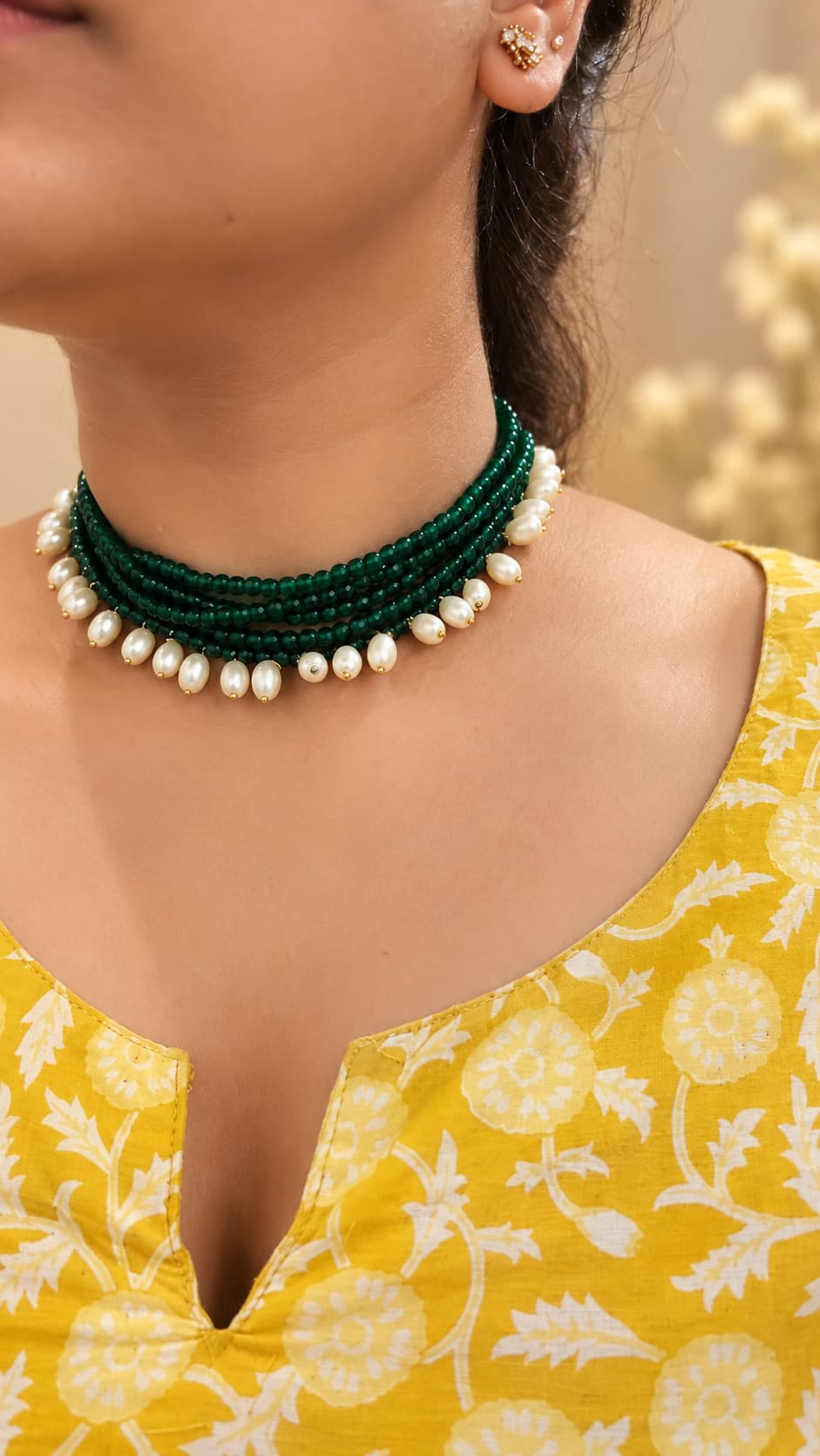 Narayani Creations Emerald Green Pearl Multi-Strand Choker Necklace