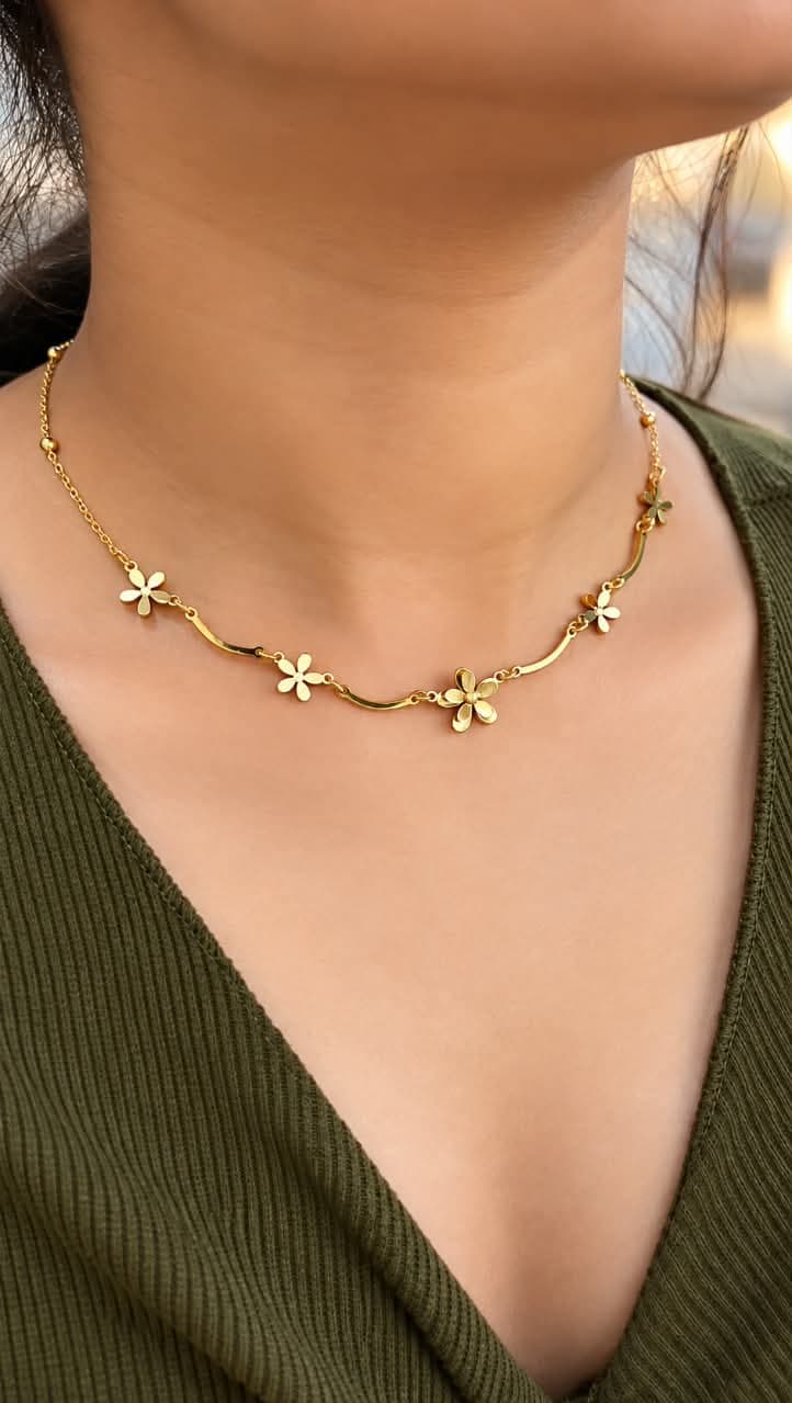 Trendy Gold-Tone Floral Flower Necklace for Women & Girls