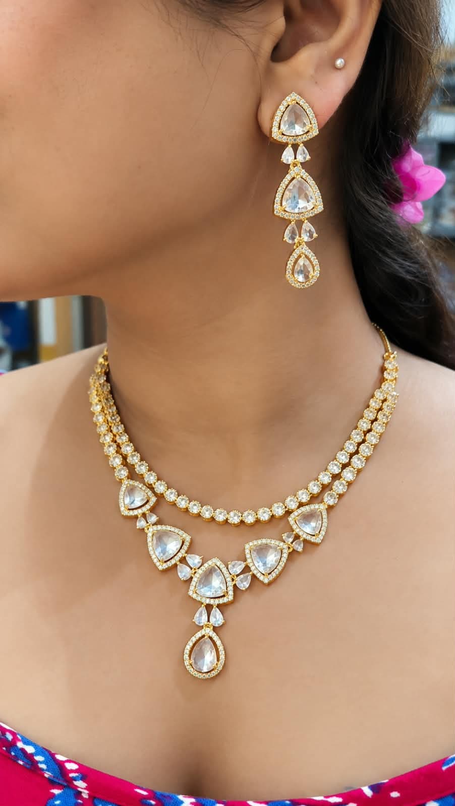 Trendy AD Crystal Gold Plated Statement Necklace for Women