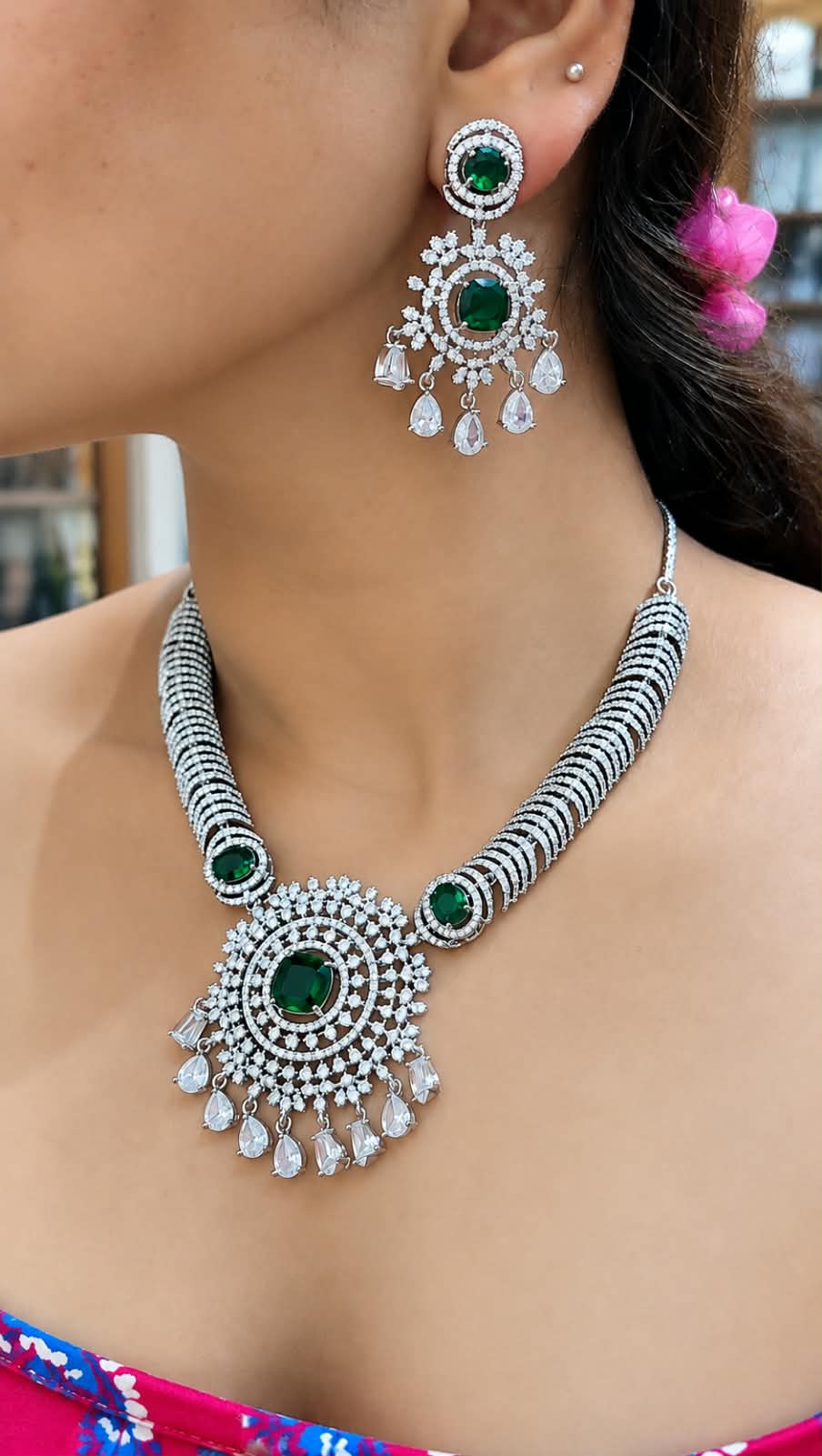 Green Emerald American Diamond Necklace Set with Matching Dangle Earrings – Silver Tone Statement Jewellery