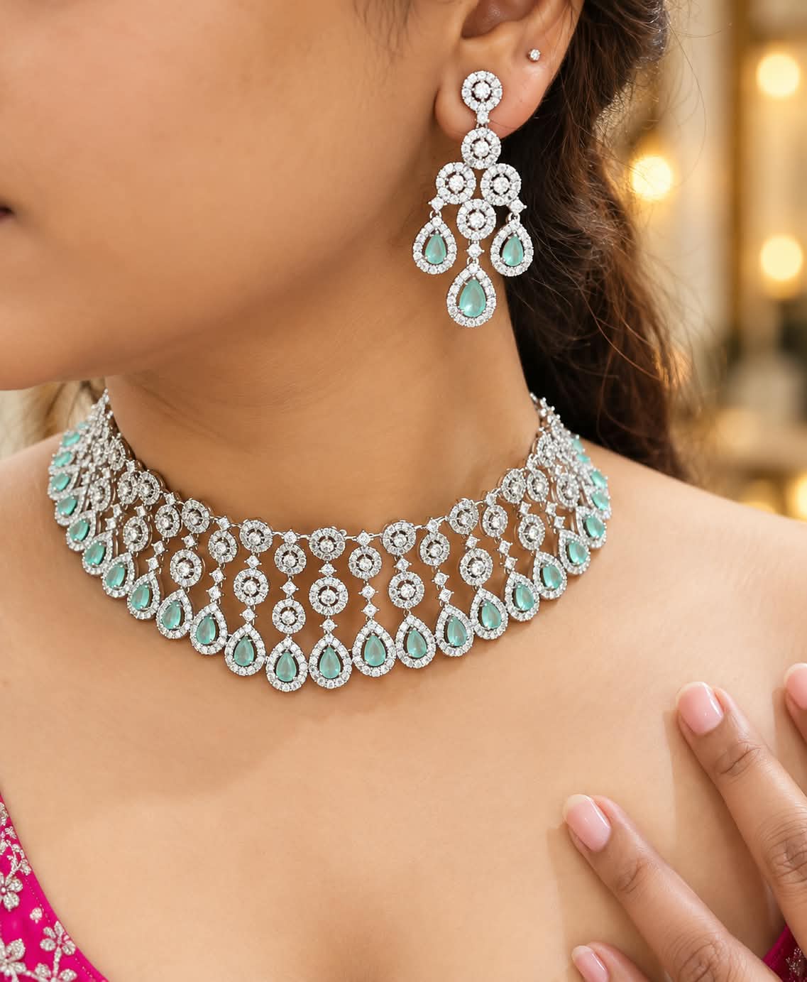Trendy Mint Green AD Choker Necklace Set for Women