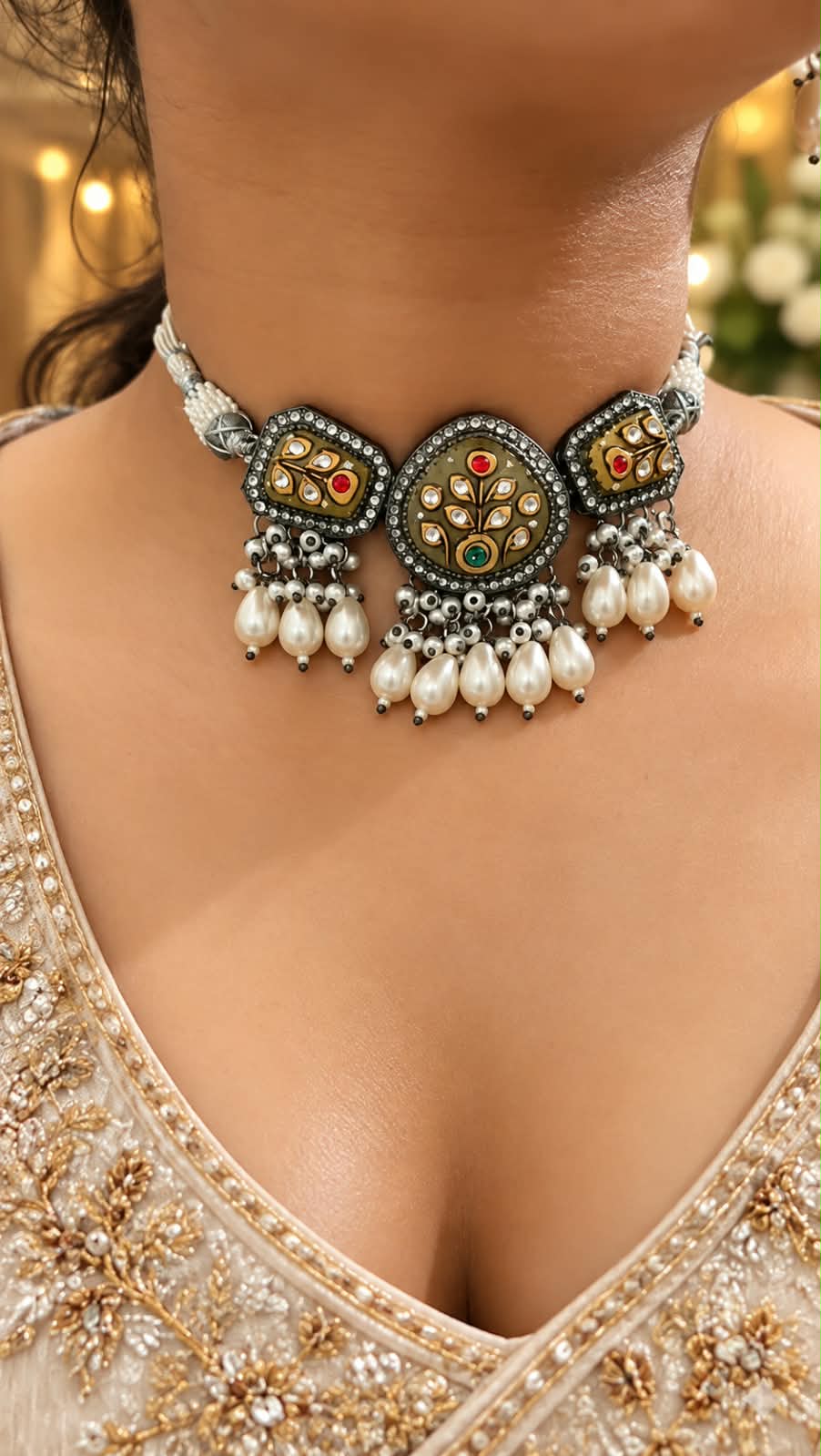 Traditional Oxidised Pearl Necklace & Earrings Set for Women